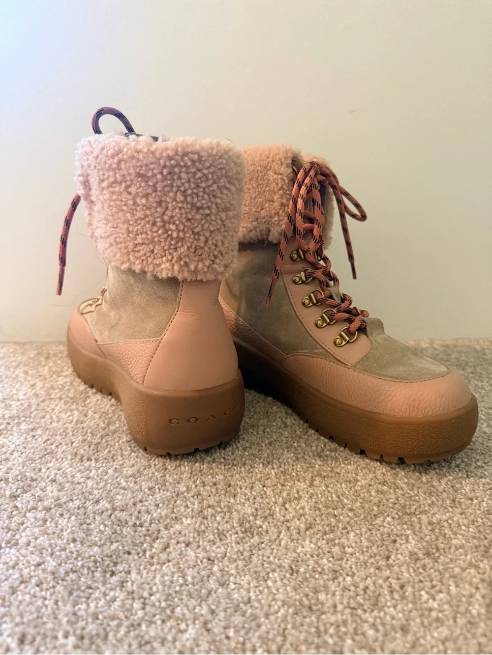 Coach Women's Taupe Pink Fleece-Trim Lace-Up Boots